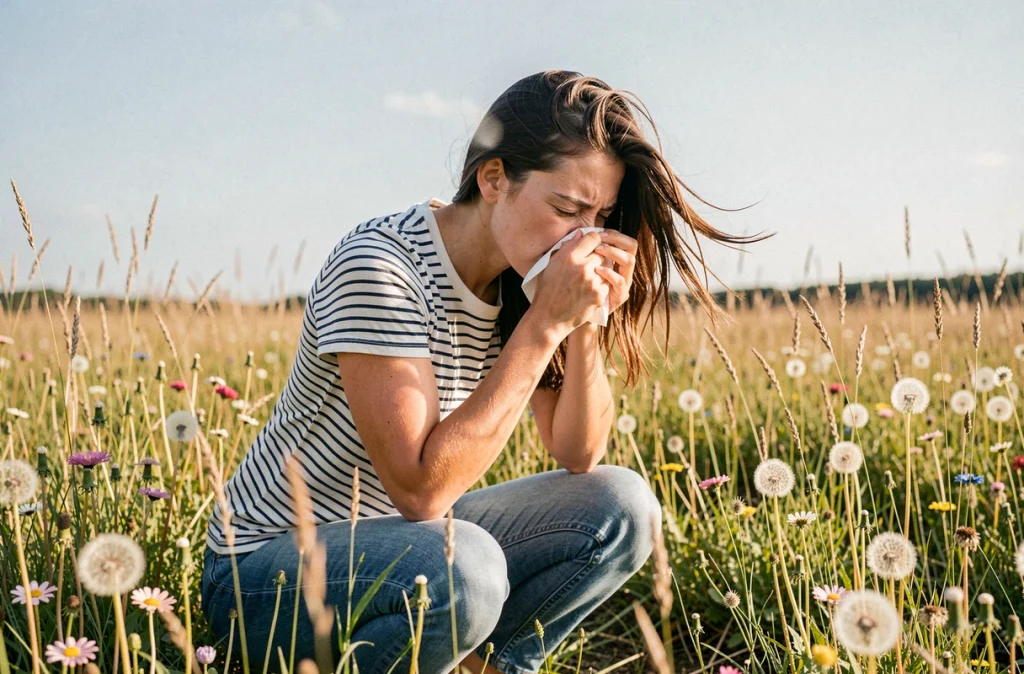 Jeune femme éternuant dans un champ de fleurs sauvages en raison du pollen, illustration des allergies saisonnières en plein air
