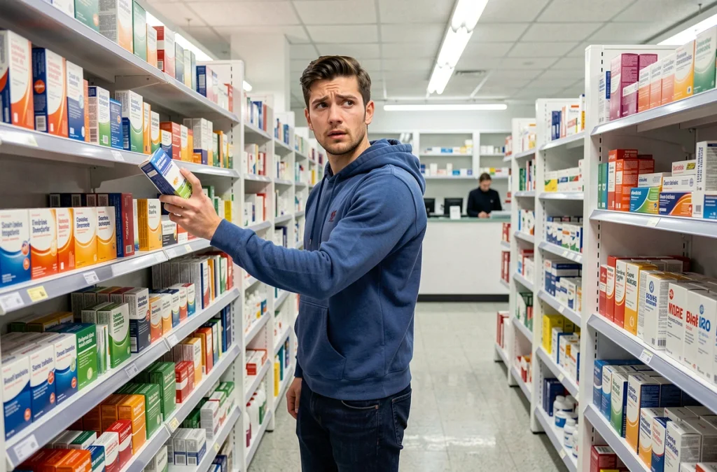 Jeune homme en pharmacie choisissant seul un antalgique sans ordonnance, risques liés à l'automédication non supervisée