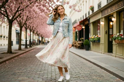 Femme portant une jupe longue fleurie avec une veste en jean au printemps dans une rue pavée parisienne