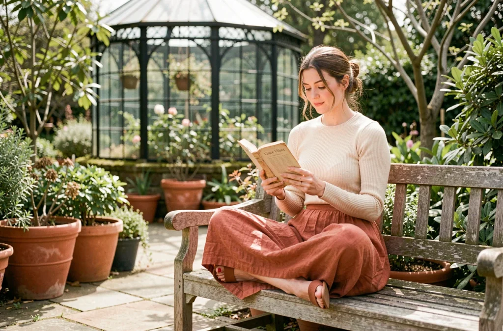 Femme en jupe longue en lin terracotta assise dans un jardin botanique au printemps