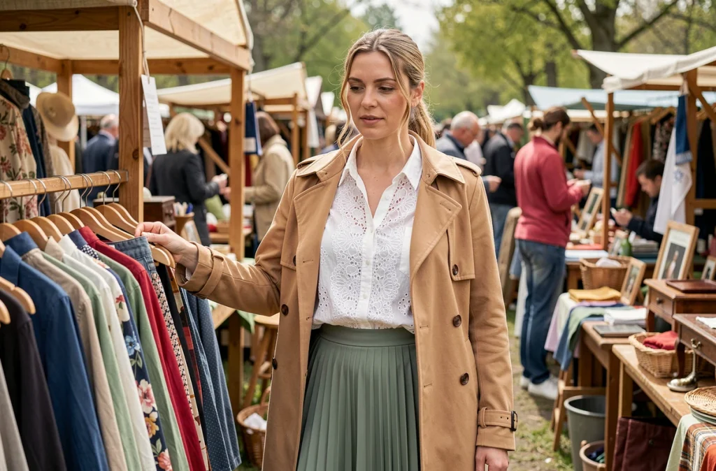 Femme en jupe mi-longue plissée verte et trench camel à un marché printanier en plein air