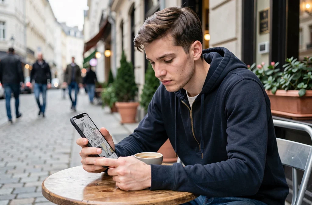 Jeune homme lisant un scantrad One Punch Man sur smartphone dans un café en terrasse urbaine