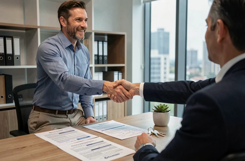 Locataire professionnel signant un contrat de bail mobilité avec un agent immobilier