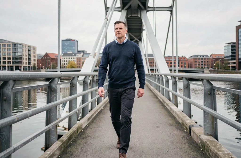 Homme d'une quarantaine d'années marchant sur un pont urbain moderne, symbolisant la pratique quotidienne de la marche pour prévenir les maladies cardiovasculaires