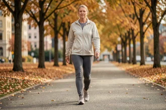 Femme de 60 ans marchant d'un pas dynamique sur un chemin arboré en automne, illustrant les bienfaits de la marche quotidienne pour la santé cardiovasculaire