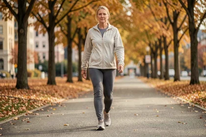 Femme de 60 ans marchant d'un pas dynamique sur un chemin arboré en automne, illustrant les bienfaits de la marche quotidienne pour la santé cardiovasculaire