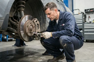 Mécanicien automobile inspectant un disque de frein lors d'un entretien dans un garage professionnel