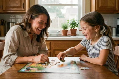 Mère et fille jouant à un jeu de société sur une table en bois dans une cuisine familiale chaleureuse