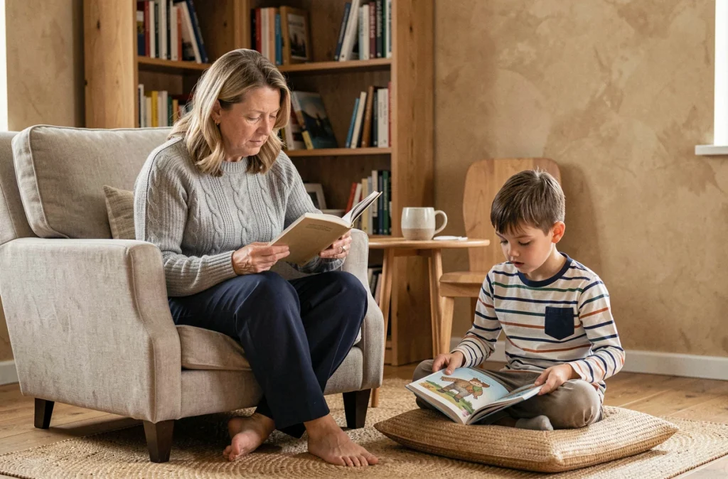 Mère et fils lisant ensemble dans un fauteuil confortable et sur un coussin au sol dans un coin lecture familial