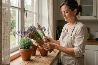 Femme disposant des bouquets de lavande et de citronnelle dans des pots en argile sur un rebord de fenêtre en bois pour éloigner les insectes naturellement