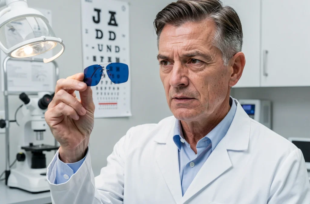 Opticien examinant un verre filtrant la lumière bleue dans un cabinet ophtalmologique moderne