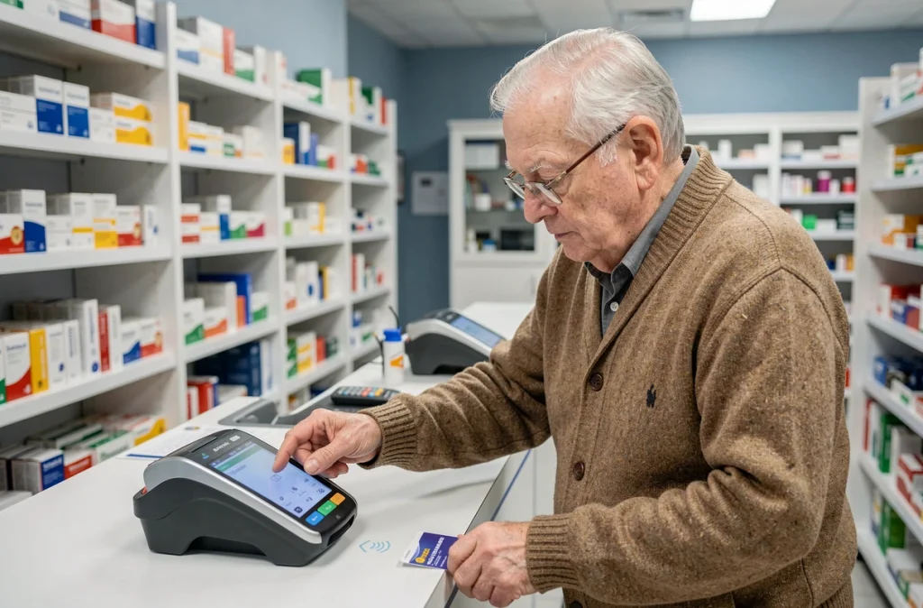 Homme âgé utilisant sa carte bancaire pour un paiement sans contact en pharmacie