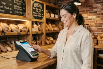 Femme payant sans contact avec son smartphone dans une boulangerie de quartier