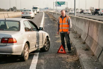 Homme en gilet de sécurité posant un triangle de signalisation derrière une voiture en panne sur le bas-côté d'une autoroute