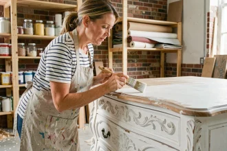 Femme appliquant de la peinture craie sur un meuble ancien en bois sculpté dans un atelier artisanal