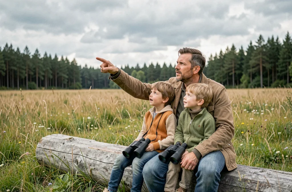 Père et enfants assis sur un tronc en lisière de prairie observant le ciel avec des jumelles lors d'une sortie nature