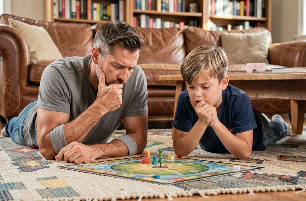 Père et fils allongés sur un tapis jouant à un jeu de stratégie dans un salon confortable