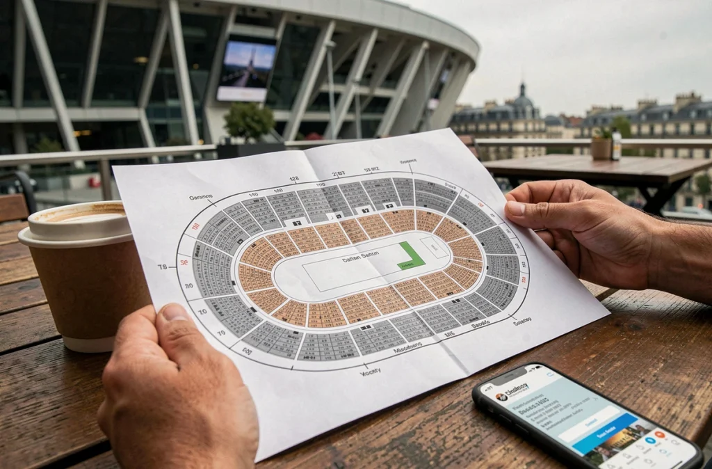 Plan de salle imprimé de l'Accor Arena Paris posé sur une table avec un café et un billet de concert numérique