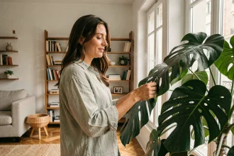 Femme qui arrose un monstera dans un salon parisien pour purifier l'air intérieur