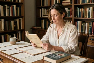 Poète en train de relire son manuscrit de recueil de poésie à son bureau littéraire, entourée de livres et de pages manuscrites