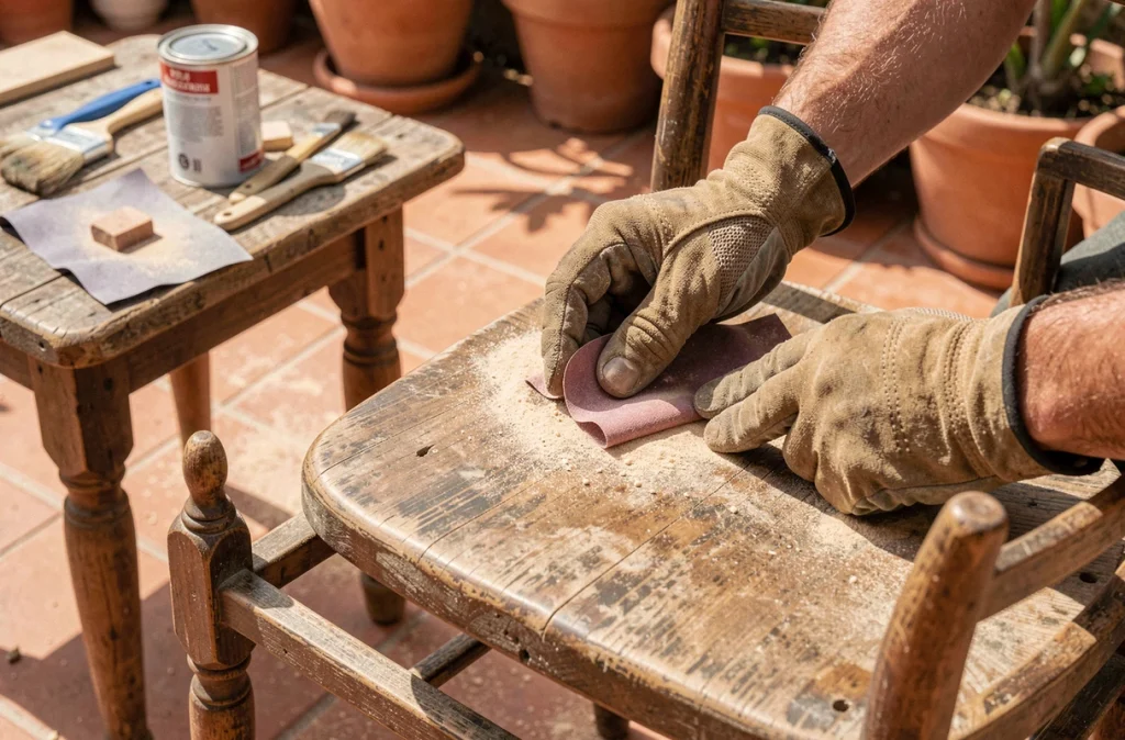 Ponçage à la main d'une chaise ancienne en bois avant application de la peinture dans un patio