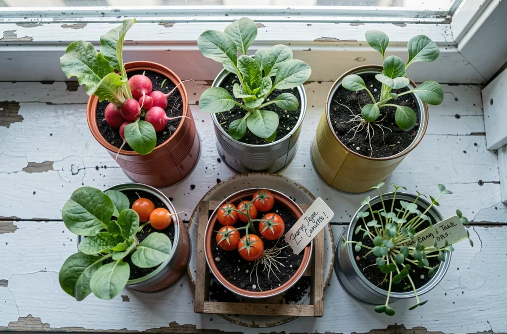 Vue aérienne d'un rebord de fenêtre avec des semis de légumes et d'herbes dans des boîtes de conserve recyclées