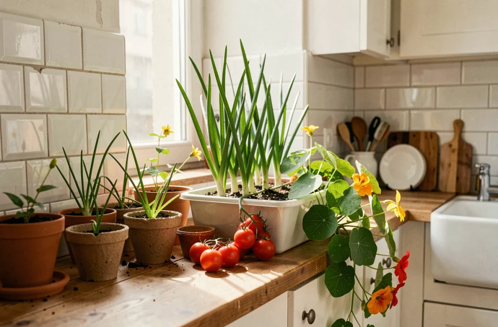 Rebord de fenêtre parisien aménagé en potager intérieur avec tomates cerises, ciboulette et capucines
