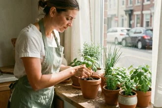 Femme plantant du basilic dans un pot en terre cuite sur un rebord de fenêtre entouré d'herbes aromatiques