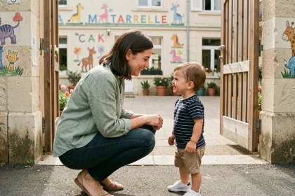 Maman rassurante qui accompagne son enfant à l'entrée de l'école maternelle le jour de la rentrée