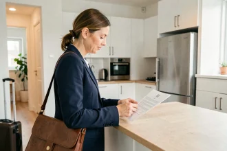 Professionnelle en mobilité signant un bail mobilité dans un appartement meublé moderne