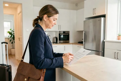 Professionnelle en mobilité signant un bail mobilité dans un appartement meublé moderne