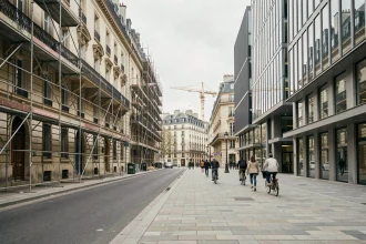 Rue d'un quartier en rénovation urbaine avec immeubles haussmanniens et façades modernes en verre, symbolisant la mutation immobilière