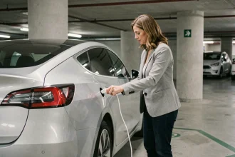 Femme branchant le câble de recharge d'une voiture électrique dans un parking souterrain urbain