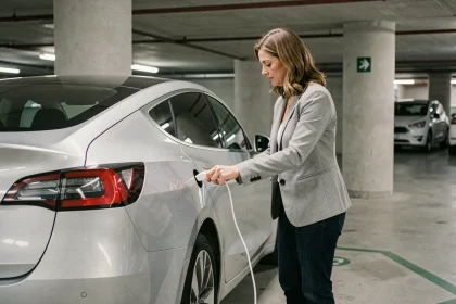 Femme branchant le câble de recharge d'une voiture électrique dans un parking souterrain urbain
