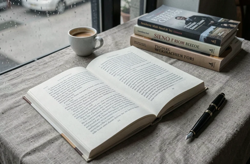 Recueil de poésie publié ouvert sur une table de café avec stylo plume, illustrant le résultat d'une publication aux éditions littéraires