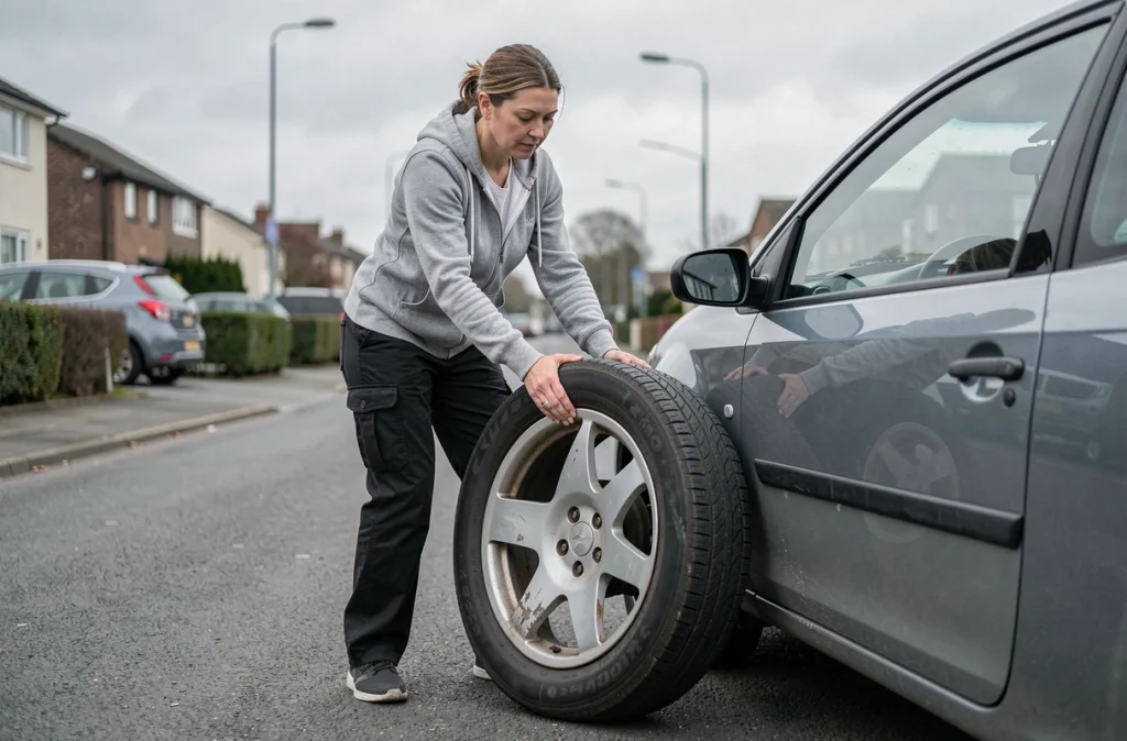 Femme montant un pneu de secours sur une voiture garée dans une rue résidentielle