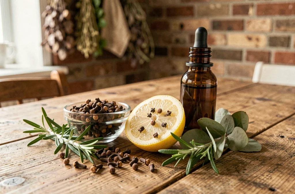 Composition naturelle de clous de girofle, citron, romarin et huile essentielle d'eucalyptus sur une table en bois pour éloigner les insectes
