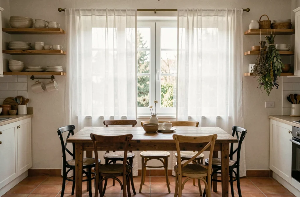 Rideaux brise-bise en lin blanc sur fenêtre de cuisine campagne française avec table en bois et étagères ouvertes