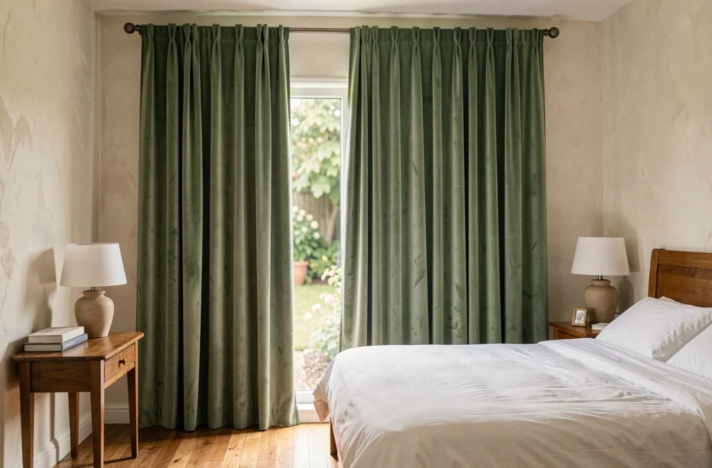 Rideaux en velours vert sauge dans une chambre à coucher cosy avec literie blanche et vue sur jardin