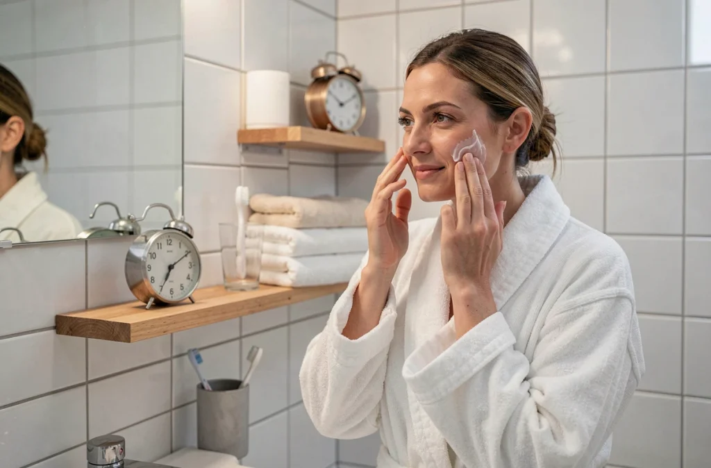 Femme en robe de bain suivant une routine du coucher régulière devant un miroir, soulignant le lien entre hygiène de sommeil et immunité
