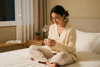 Femme adulte en tenue confortable tenant une tasse chaude dans une chambre apaisante le soir, routine nocturne relaxante