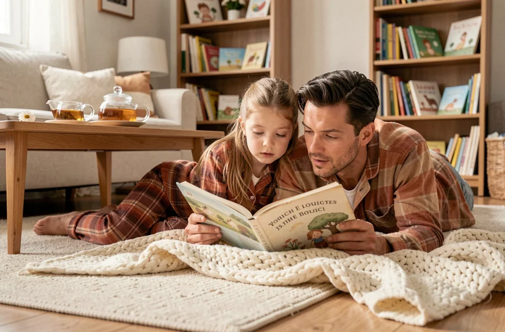 Papa et fillette en pyjama lisant un livre illustré ensemble sur un tapis douillet, rituel du soir en famille