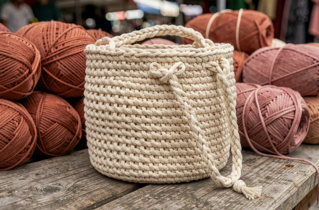Sac bucket en crochet écru fait main posé sur une table en bois avec des pelotes de laine colorées en arrière-plan