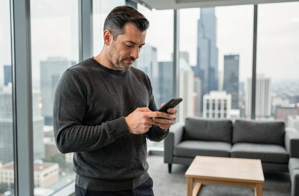 Salarié consultant une application d'épargne salariale sur son smartphone avec vue sur la ville