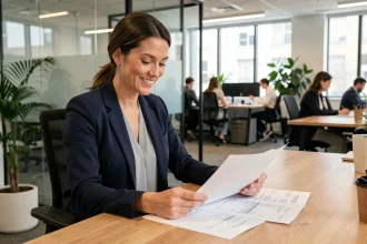 Salariée en blazer marine analysant des documents d'épargne salariale dans un bureau moderne en 2024