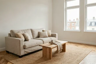 Salon valorisé par le home staging avec canapé en lin, table basse en bois et parquet en chevrons pour faciliter la vente immobilière