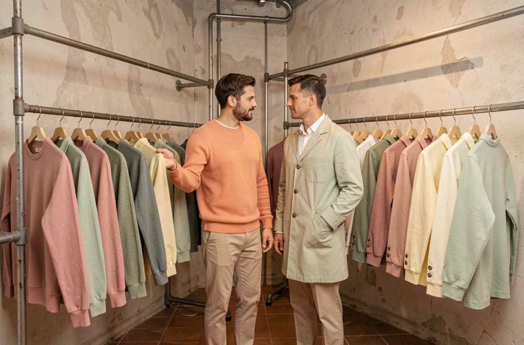 Deux hommes explorant un showroom de mode masculine avec des vêtements aux teintes pastel printanières
