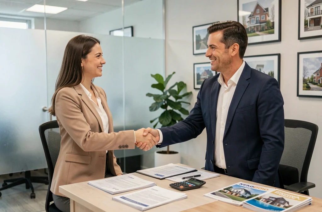 Une jeune femme signe un accord avec un agent immobilier dans une agence moderne lors de l'étape de validation de son premier achat immobilier