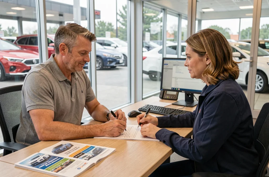 Un couple signant le contrat d'achat d'une voiture d'occasion dans le bureau d'un concessionnaire