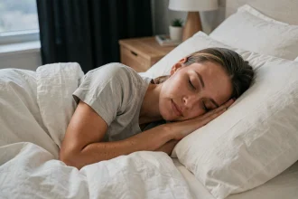 Femme endormie paisiblement dans un lit en lin blanc, illustrant l'importance d'un sommeil régulier pour la santé immunitaire